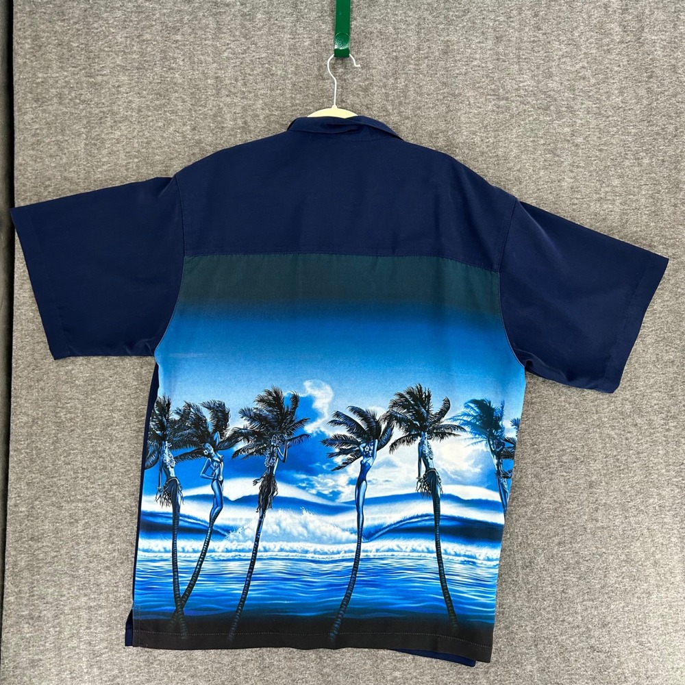 Rietveld USA Mens XXL Navy Blue Hula Palm Tree Graphic Back Button Up Shirt